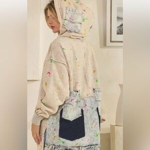 Oli & Hali Beige Hoodie with Paint Splatter and Denim Patchwork
